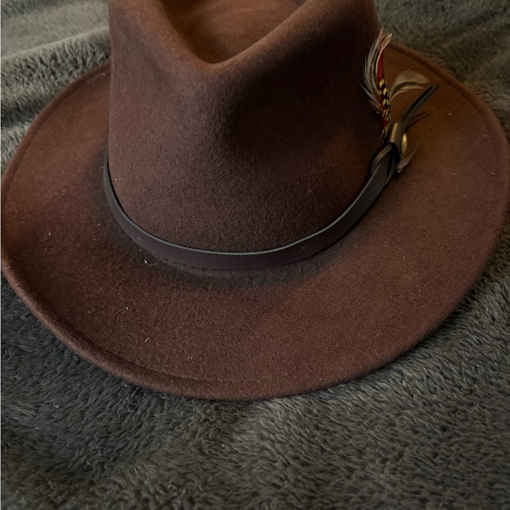 Scala Brown Fedora Hat with Feather Accent